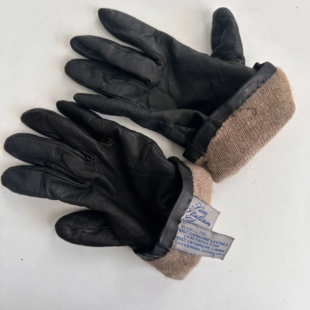 Genuine Italian Leather Women's Gloves W/ Woven Brown Accent & Cashmere Lining